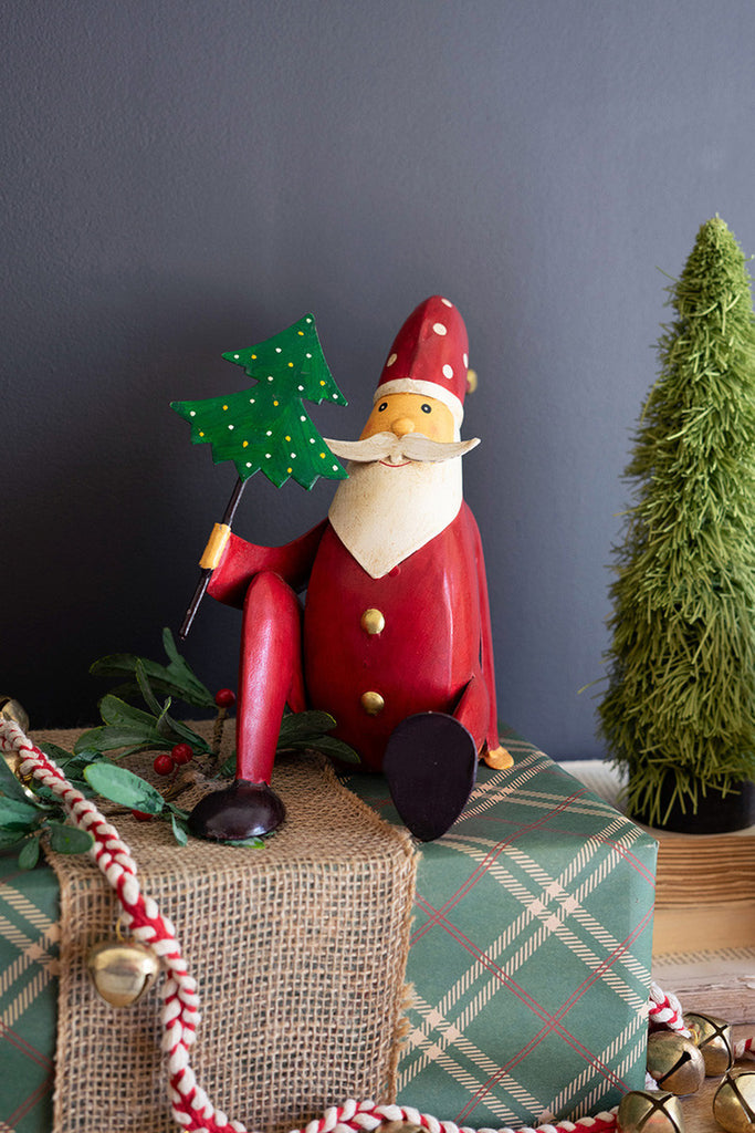 Painted Iron Santa Sitting with Tree - Bombay Mercantile