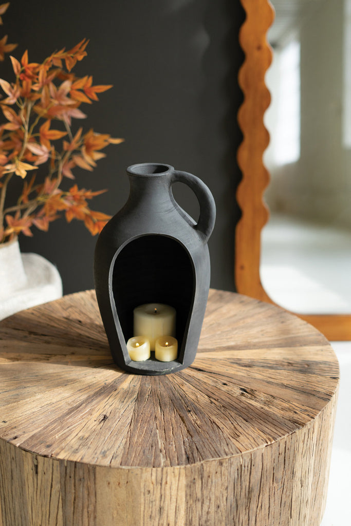 Black Sliced Terracotta Urn Candle Holder, Set of 2 - Bombay Mercantile