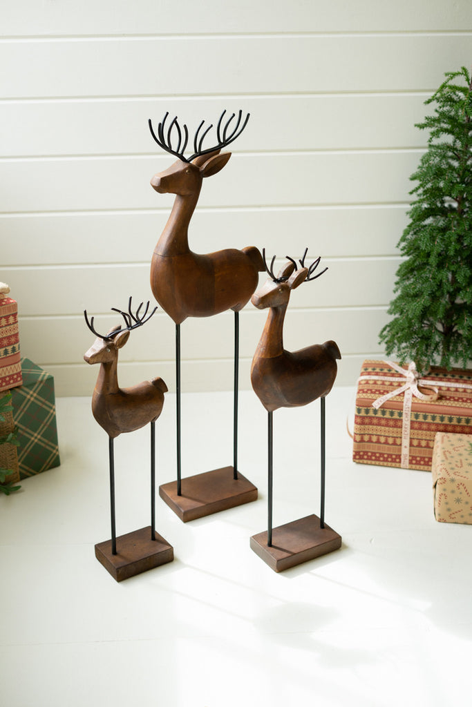 Set of 3 Carved Reindeer on Bases - Bombay Mercantile