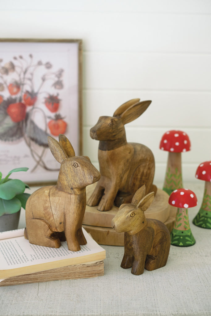 Set of 3 Hand-Carved Wooden Rabbits - Bombay Mercantile