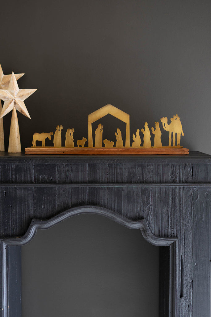 Antique Brass Table Top Nativity with Wood Base, Set of 2 - Bombay Mercantile