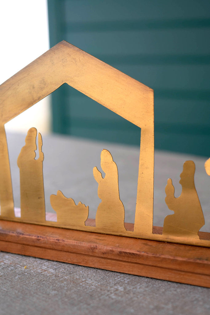 Antique Brass Table Top Nativity with Wood Base, Set of 2 - Bombay Mercantile