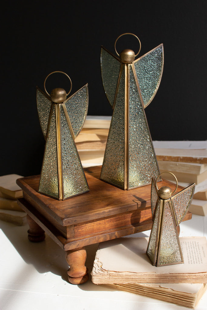 Set of 3 Antique Brass and Glass Christmas Angels - Bombay Mercantile