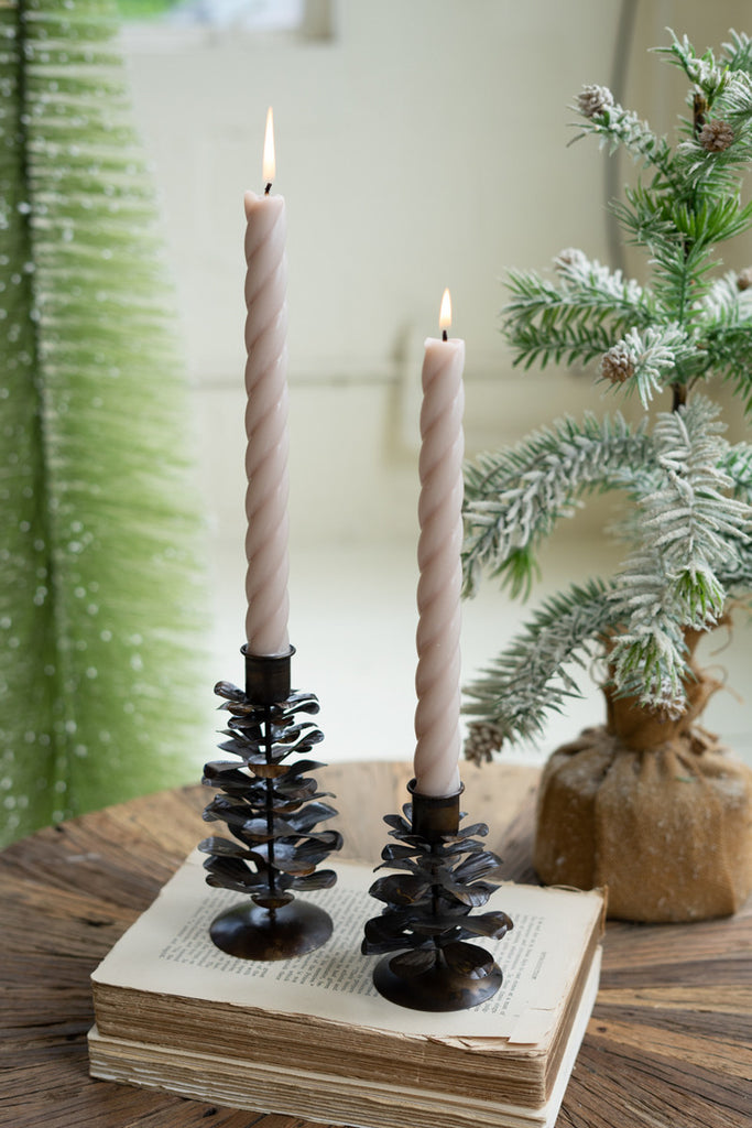 Set of 2 Antique Brown Metal Pine Cone Taper Holders - Bombay Mercantile