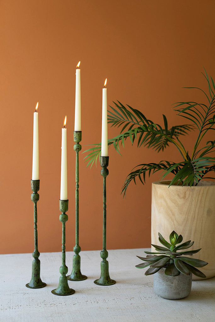 Set of 4 Forged Iron Green Patina Taper Candle Holders - Bombay Mercantile