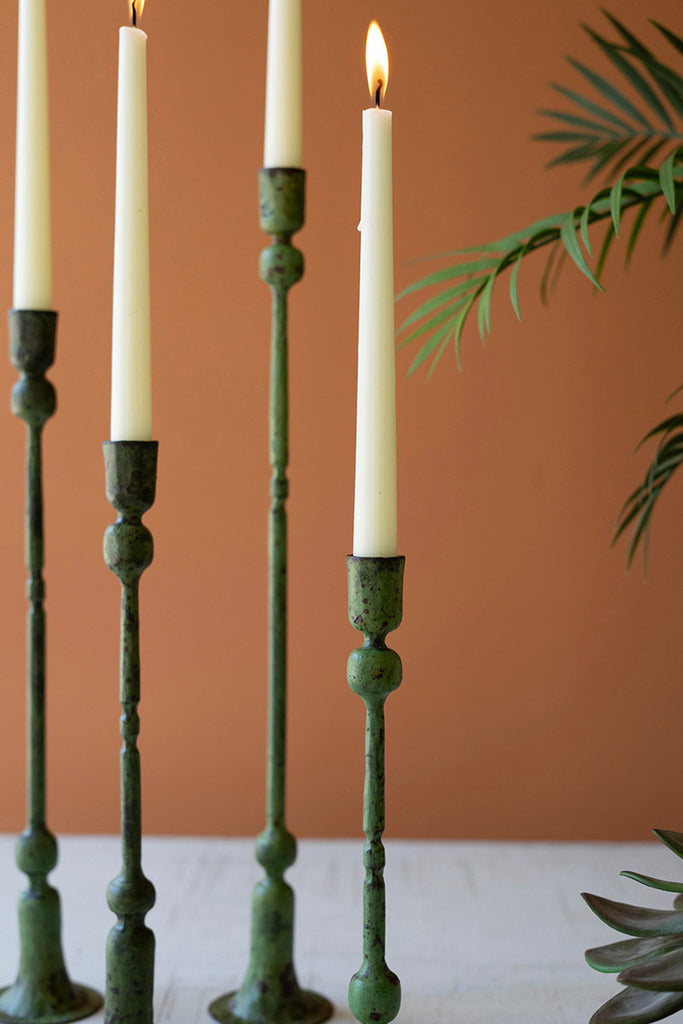 Set of 4 Forged Iron Green Patina Taper Candle Holders - Bombay Mercantile