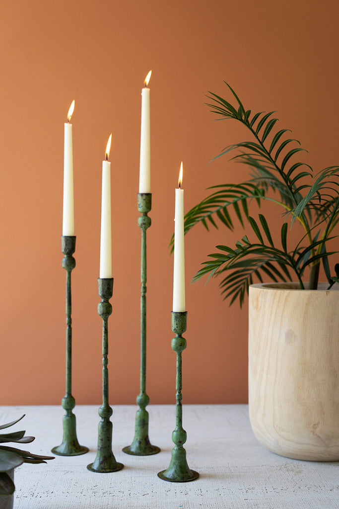 Set of 4 Forged Iron Green Patina Taper Candle Holders - Bombay Mercantile