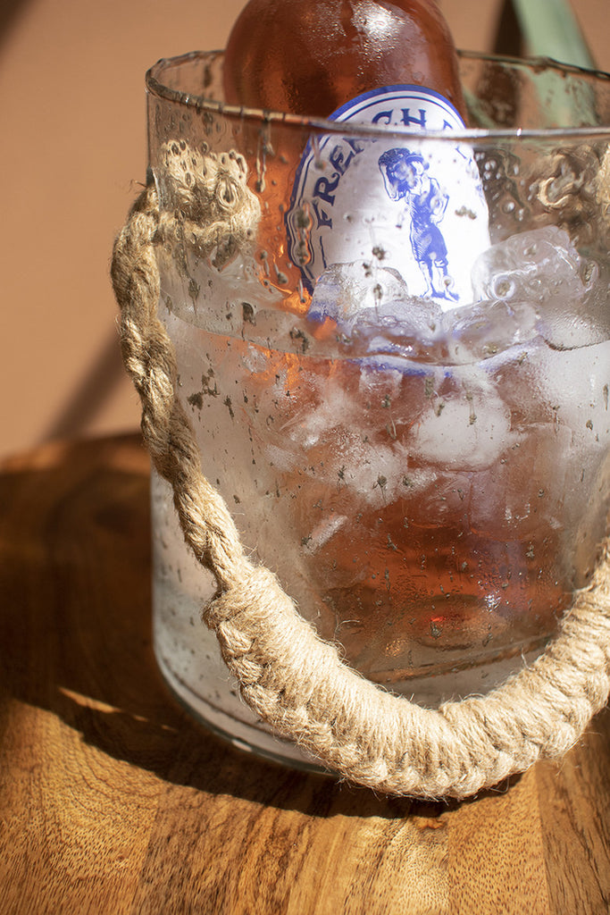 Glass Ice Bucket with Woven Jute Handle - Bombay Mercantile