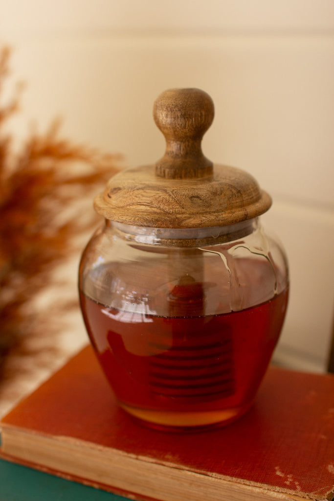 Glass Honey Jar with Mango Wood Top - Bombay Mercantile