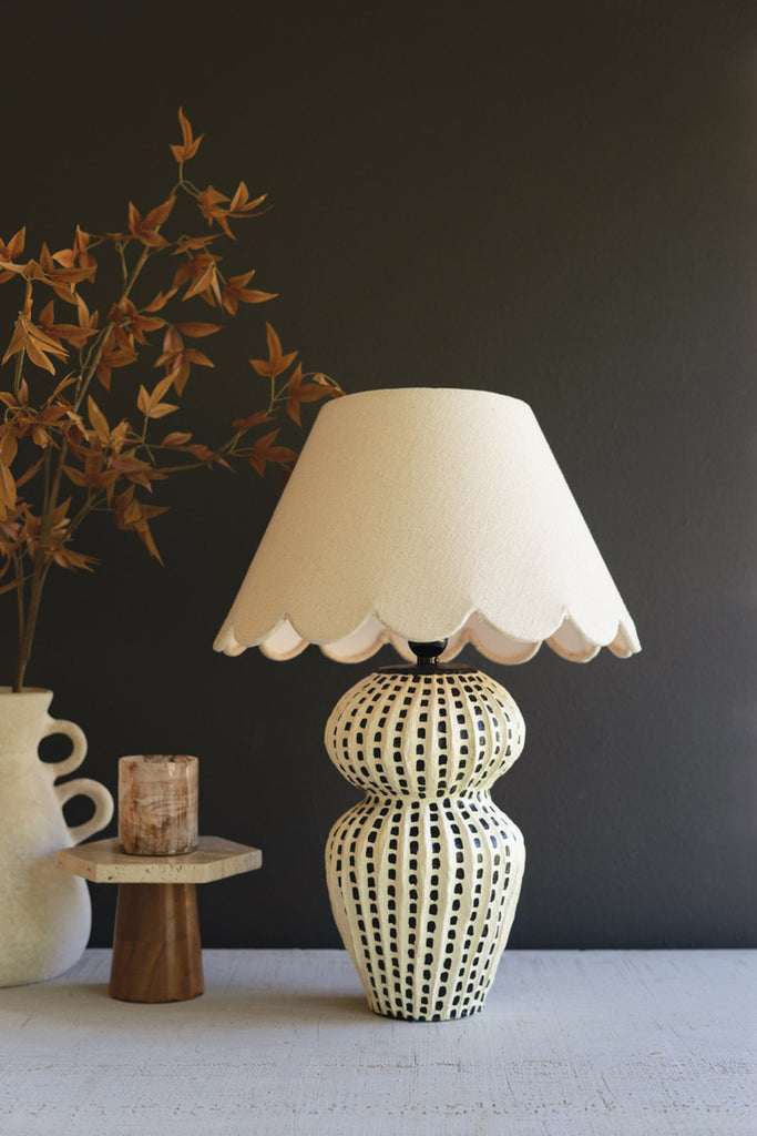 Dotted Paper Mache Lamp Base with Scalloped Shade - Bombay Mercantile