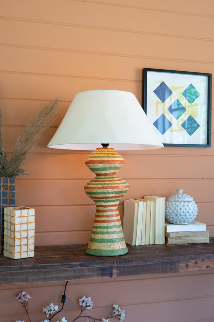 Paper Mache Lamp Base with Green and Rust Stripes with Fabric Shade - Bombay Mercantile