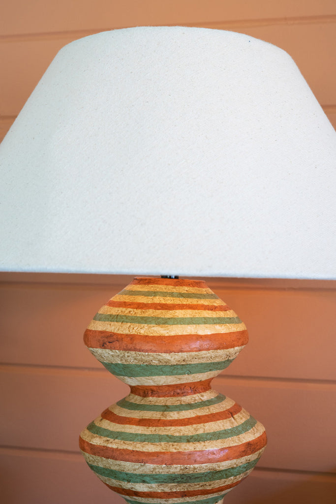 Paper Mache Lamp Base with Green and Rust Stripes with Fabric Shade - Bombay Mercantile