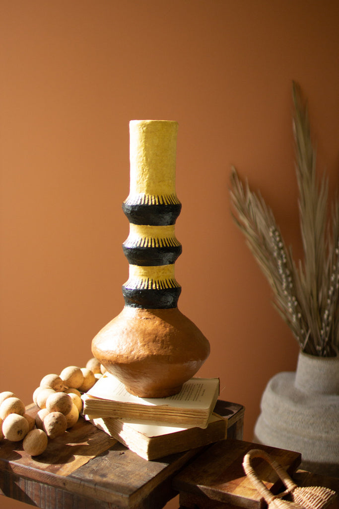 Painted Paper Mache Vase with Brown Base - Bombay Mercantile