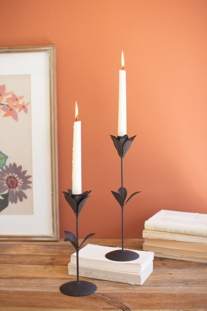 Set of 2 Metal Tulip Taper Candle Holders - Bombay Mercantile