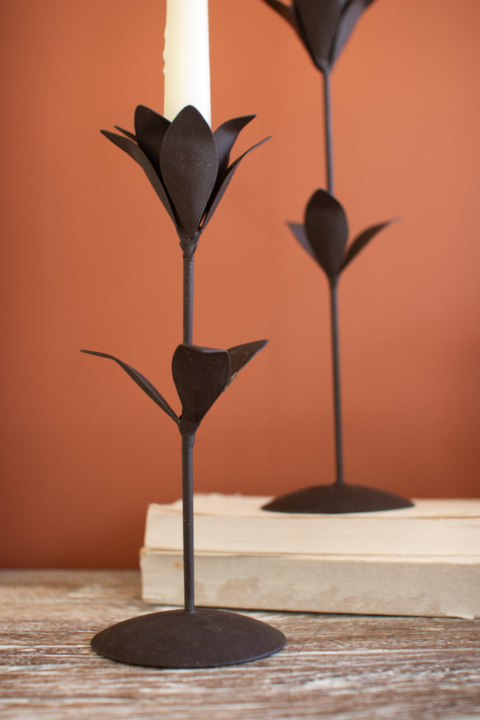 Set of 2 Metal Tulip Taper Candle Holders - Bombay Mercantile
