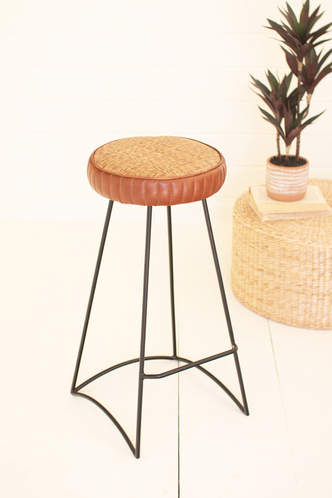Iron Bar Stool with Leather and Woven Cane - Bombay Mercantile
