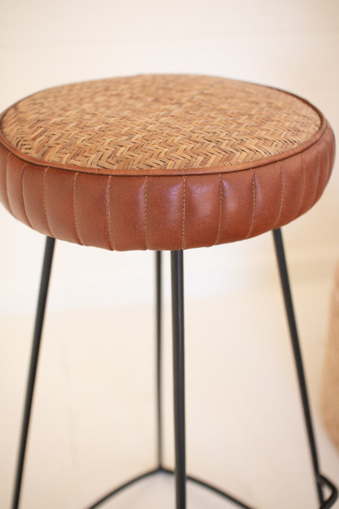 Iron Bar Stool with Leather and Woven Cane - Bombay Mercantile