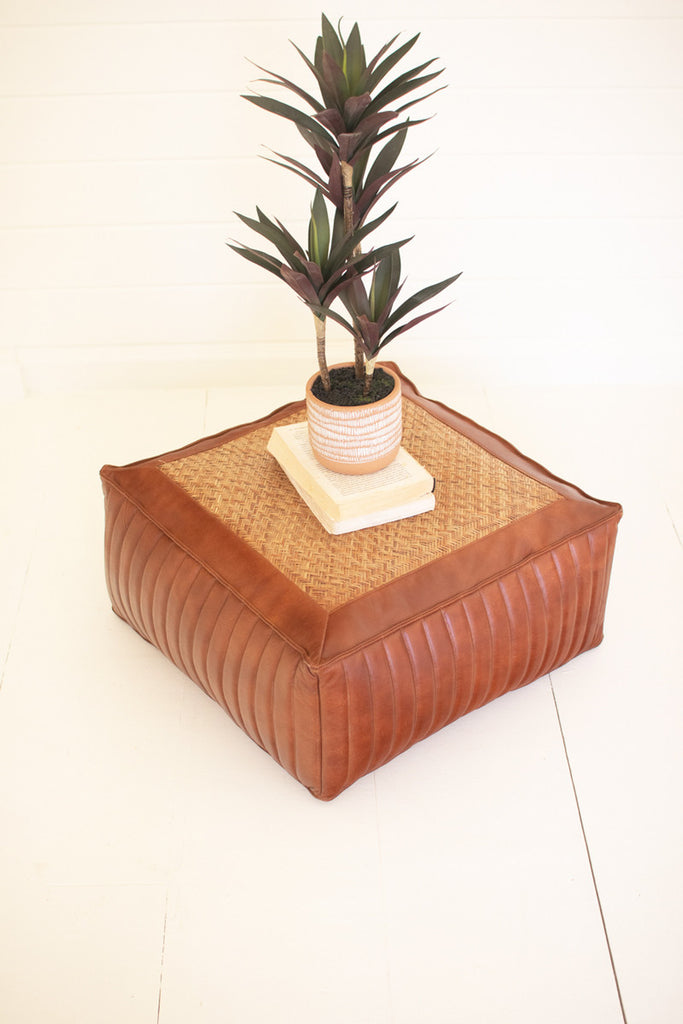 Square Pouf with Leather and Woven Cane - Bombay Mercantile