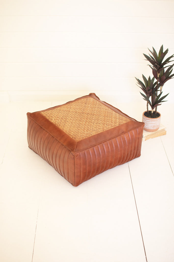 Square Pouf with Leather and Woven Cane - Bombay Mercantile