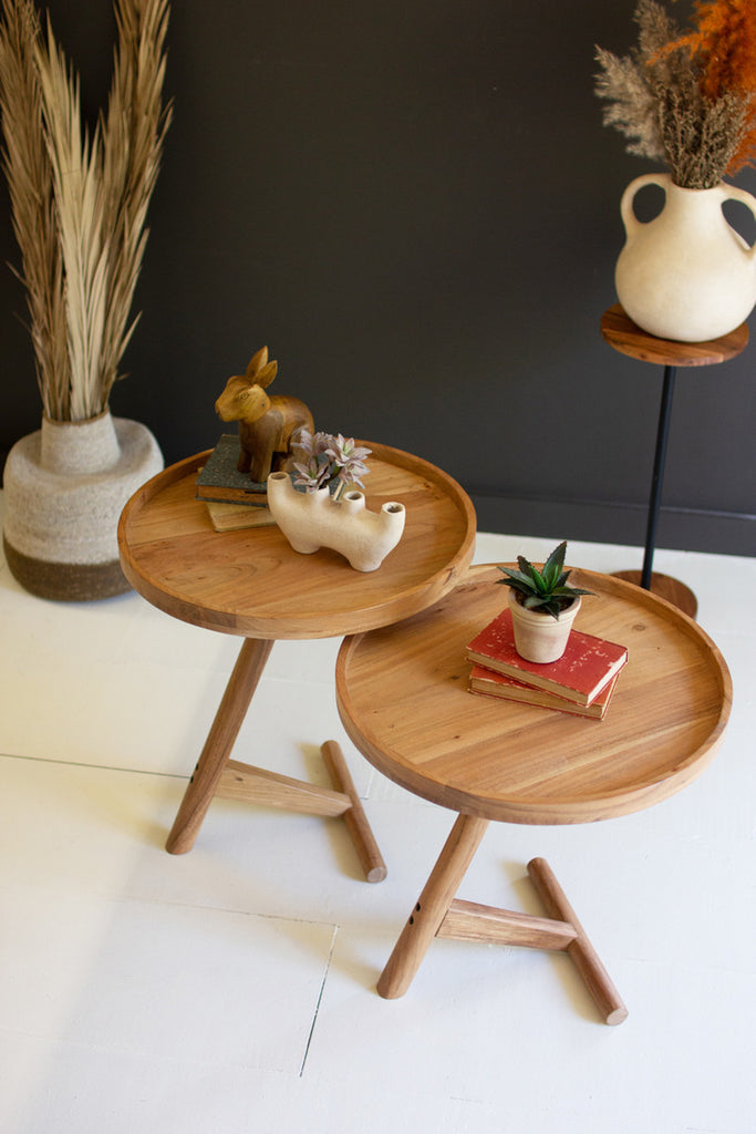 Set of 2 Acacia Wood Tray Tables - Bombay Mercantile