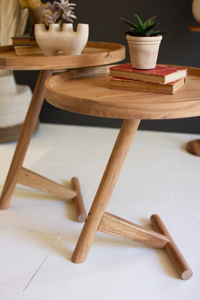 Set of 2 Acacia Wood Tray Tables - Bombay Mercantile