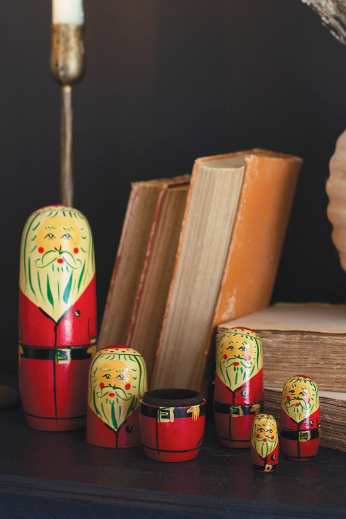 Set of 5 Nesting Wooden Santa Dolls - Bombay Mercantile