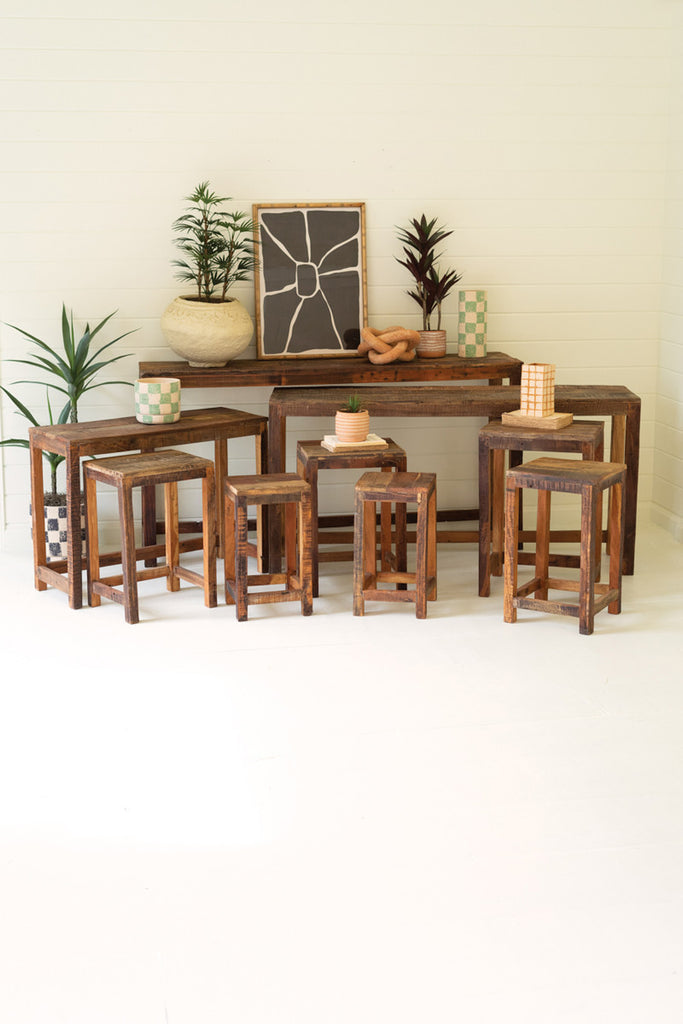 Set of 9 Recycled Wood Display Tables - Bombay Mercantile
