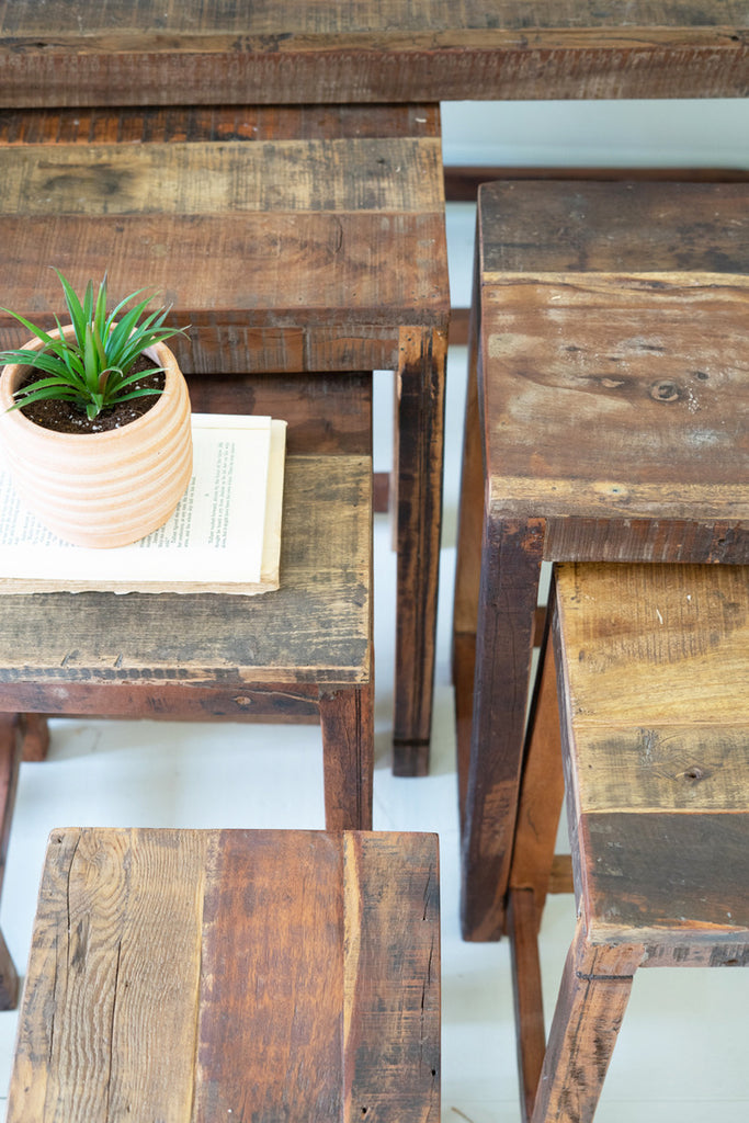 Set of 9 Recycled Wood Display Tables - Bombay Mercantile