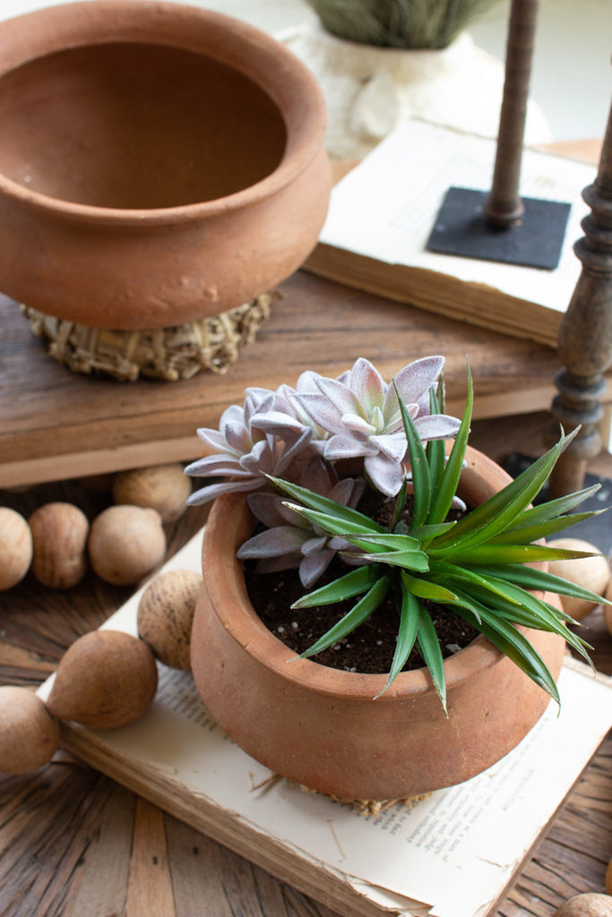 Set of 2 Terracotta Vessels with Woven Seagrass Bases - Bombay Mercantile