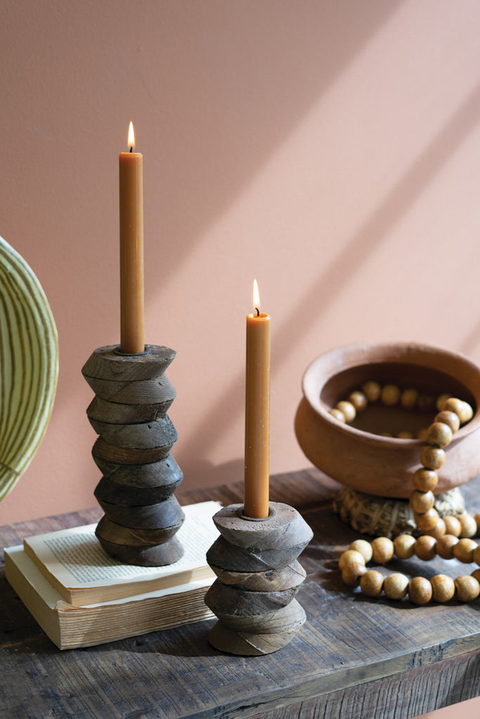 Set of 2 Wooden Architectural Candle Holders - Bombay Mercantile