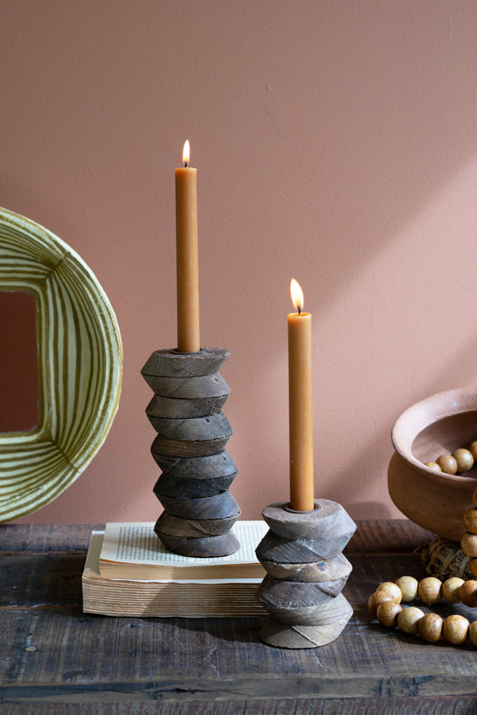 Set of 2 Wooden Architectural Candle Holders - Bombay Mercantile