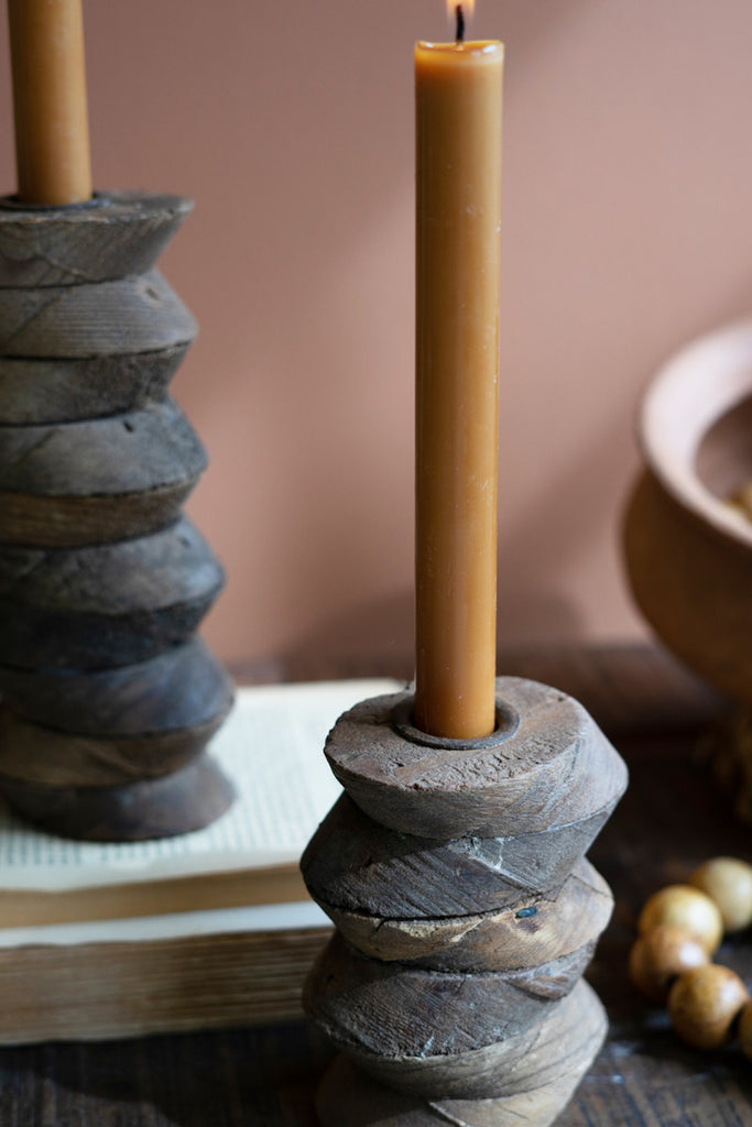 Set of 2 Wooden Architectural Candle Holders - Bombay Mercantile