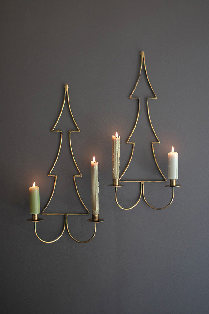Set of 2 Antique Brass Christmas Tree Wall Candle Sconces - Bombay Mercantile