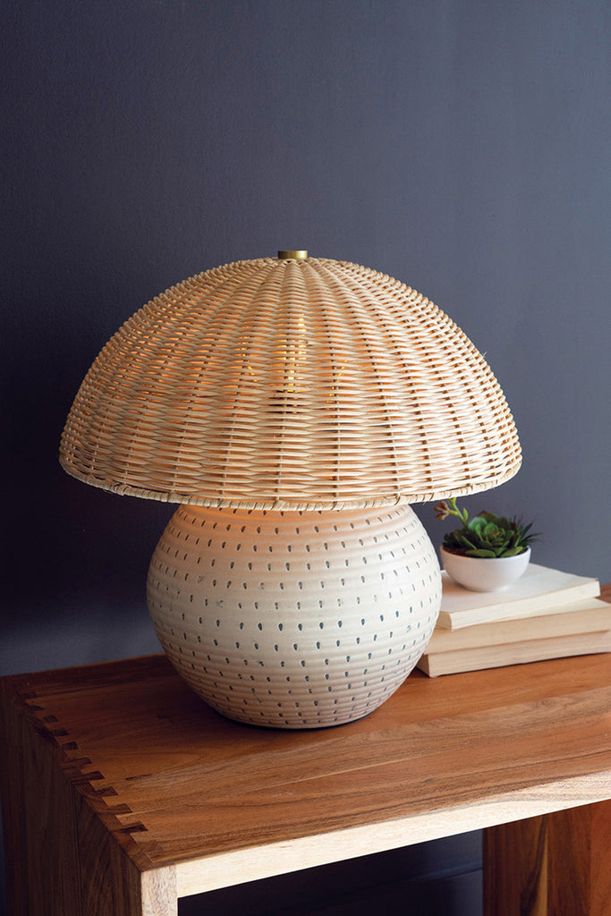 Ceramic Table Lamp with Dome Rattan Shade - Bombay Mercantile