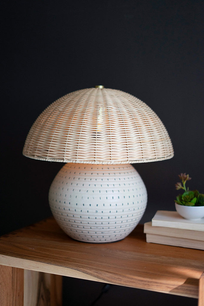 Ceramic Table Lamp with Dome Rattan Shade - Bombay Mercantile