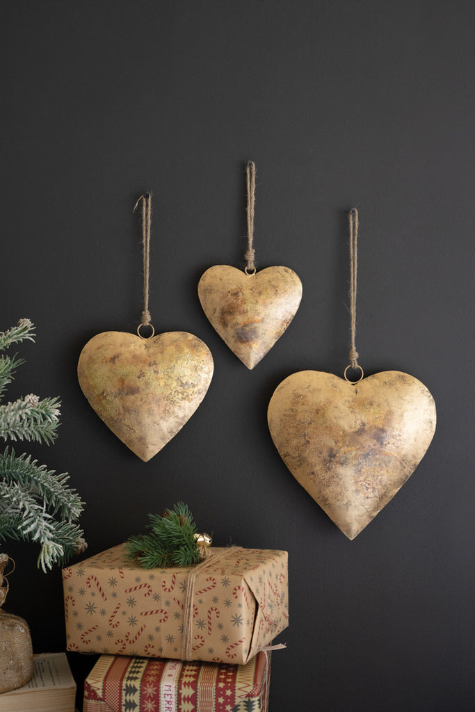 Set of 3 Antique Gold Christmas Heart Door Hangers - Bombay Mercantile