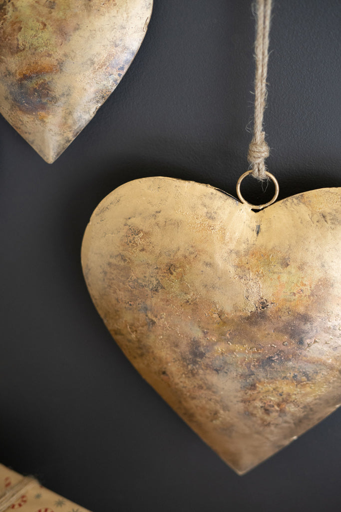 Set of 3 Antique Gold Christmas Heart Door Hangers - Bombay Mercantile