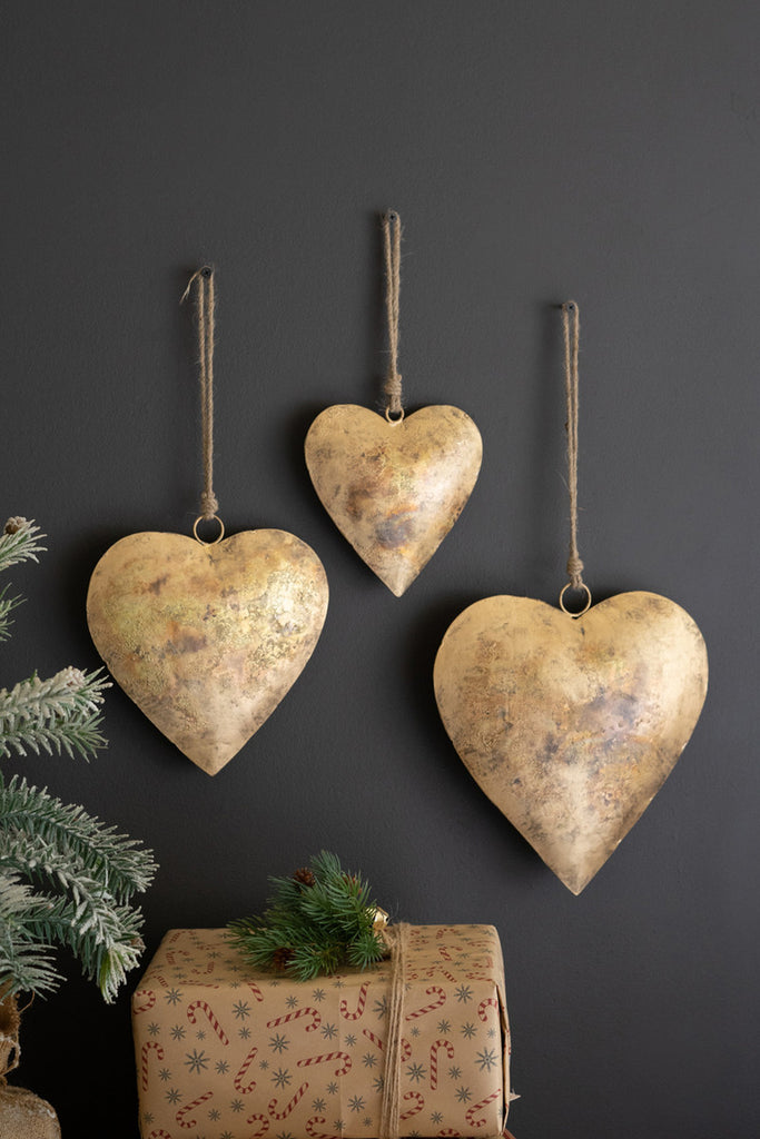 Set of 3 Antique Gold Christmas Heart Door Hangers - Bombay Mercantile