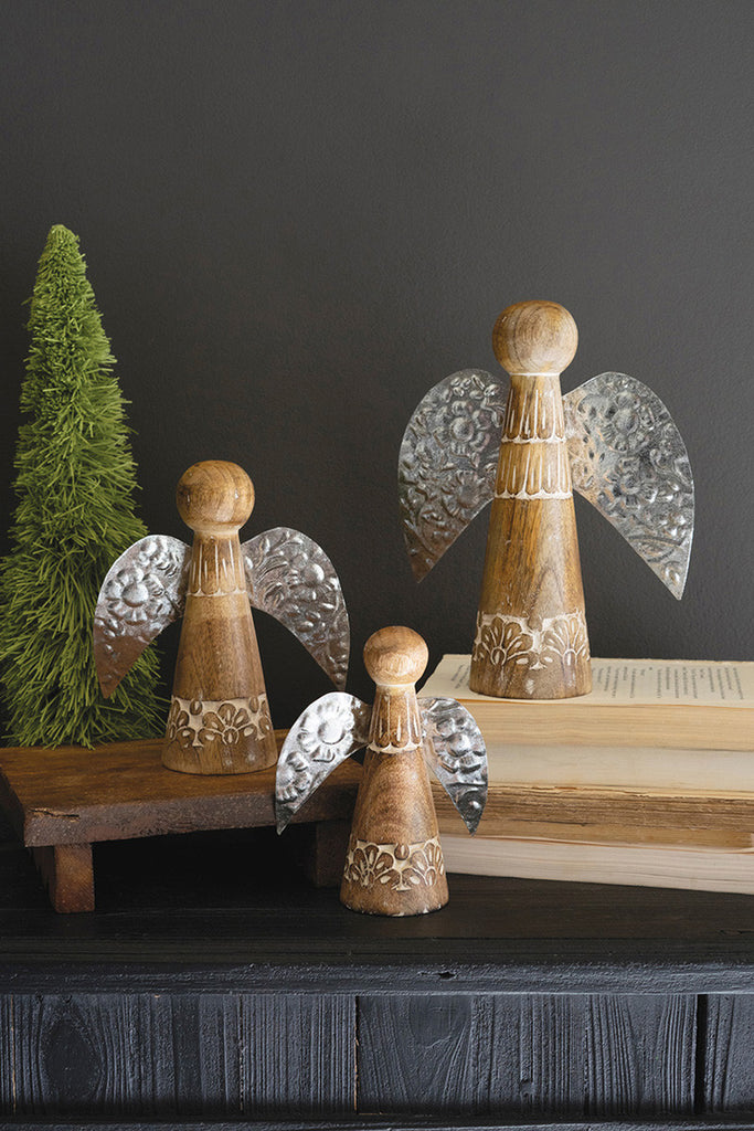 3 Wood and Tin Tabletop Christmas Angels, Set of 2 - Bombay Mercantile