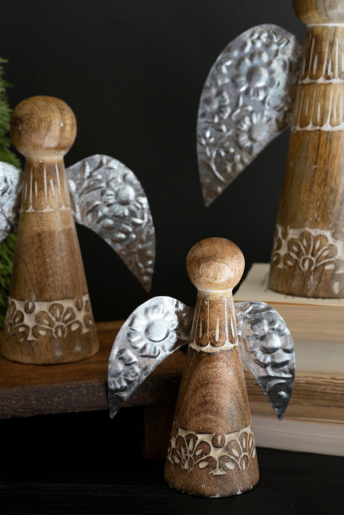 3 Wood and Tin Tabletop Christmas Angels, Set of 2 - Bombay Mercantile
