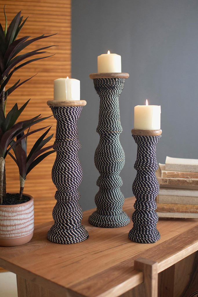 Set 3 Wooden Candle Holders Wrapped with Black & White String - Bombay Mercantile