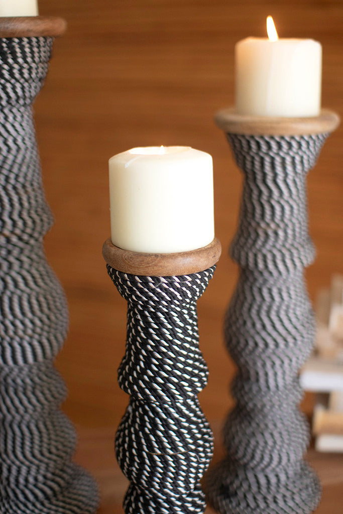 Set 3 Wooden Candle Holders Wrapped with Black & White String - Bombay Mercantile