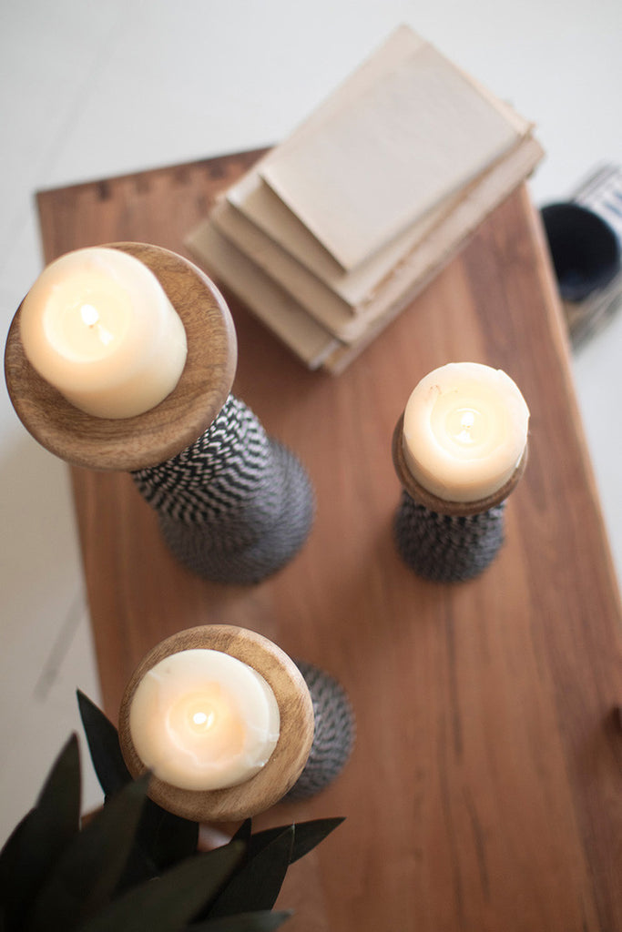 Set 3 Wooden Candle Holders Wrapped with Black & White String - Bombay Mercantile