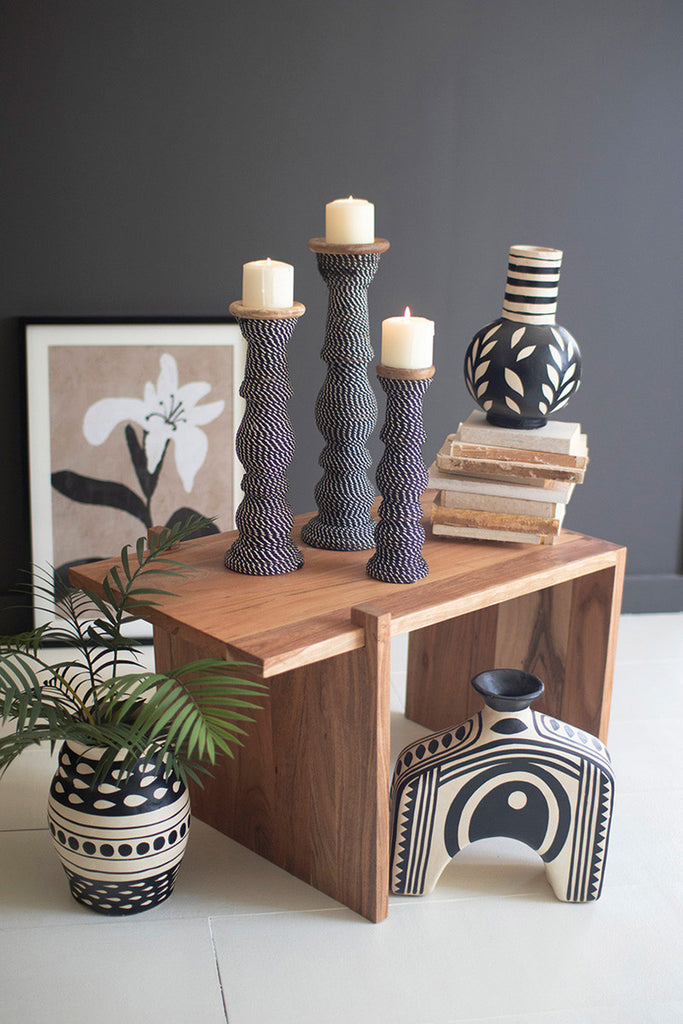 Set 3 Wooden Candle Holders Wrapped with Black & White String - Bombay Mercantile