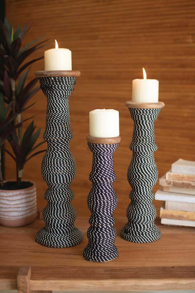 Set 3 Wooden Candle Holders Wrapped with Black & White String - Bombay Mercantile