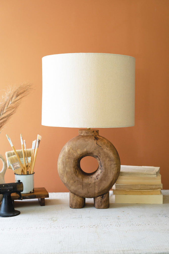 Recycled Wood Table Lamp Base with Fabric Shade - Bombay Mercantile