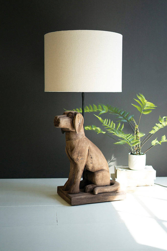 Wooden Dog Table Lamp with Fabric Shade - Bombay Mercantile
