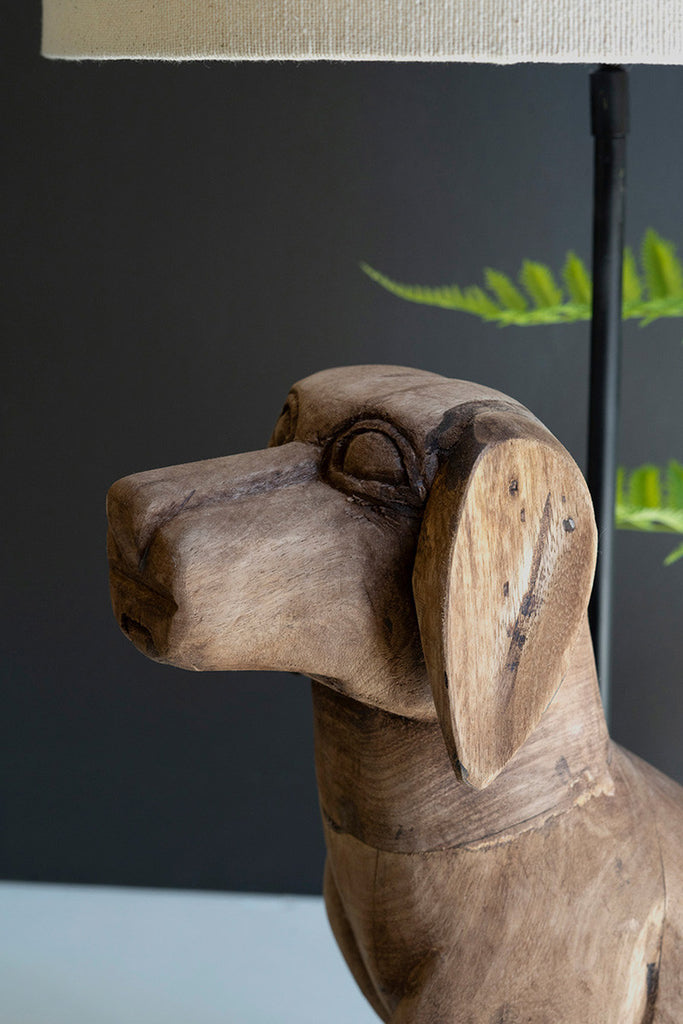 Wooden Dog Table Lamp with Fabric Shade - Bombay Mercantile