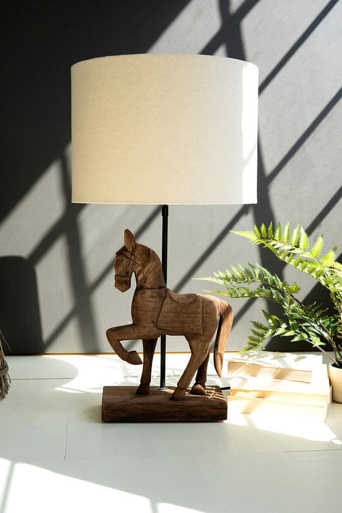 Wooden Horse Table Lamp with Fabric Shade - Bombay Mercantile
