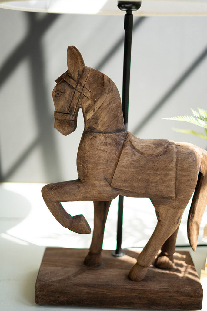 Wooden Horse Table Lamp with Fabric Shade - Bombay Mercantile